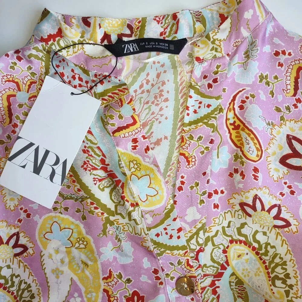 ZARA Floral Paisley Satin Kaftan Tunic Dress  Pink & Gold Women Small  Boho  NWT - Picture 10 of 14